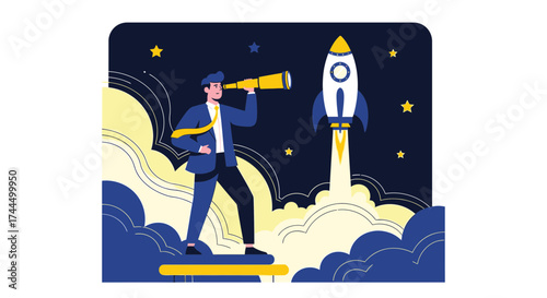 Businessman Observes Rocket Launch Visuals In Order To Reach His Business Goals