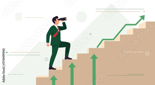 Businessman Observing Trends While Climbing Steps Towards Success And Profitability