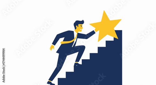 Businessman climbing stairs to reach the goal star showing success and growth
