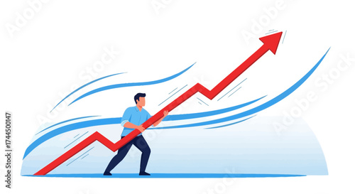 Businessman pushing upward arrow to show business growth and success on white background