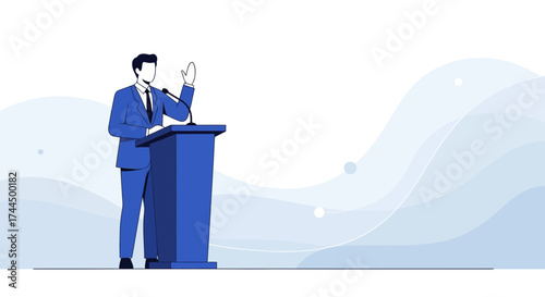 Businessman delivering a speech at a podium with an abstract background presentation