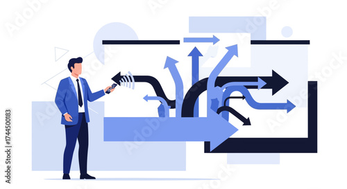 Businessman controlling flow of processes and data visualized by arrows to represent efficiency