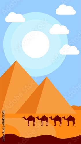 Egyptian Pyramids and Camel Caravan in Flat Design Style

