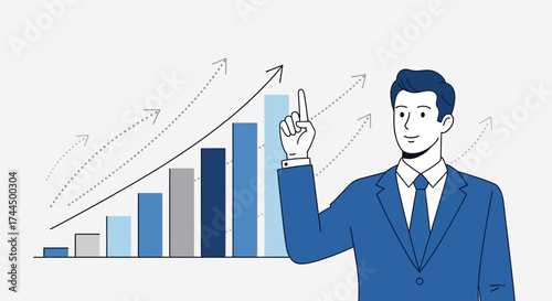 Businessman pointing at financial growth bar chart presentation with rising arrows illustration