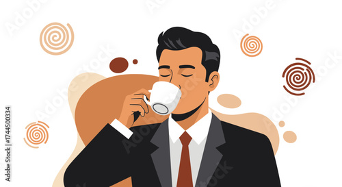 Businessman enjoying coffee, illustration of a man drinking from a cup, vector design