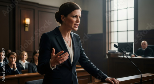 Woman lawyer addressing court. Female barrister arguing case in courtroom. Law and legislation concept for legal presentation.