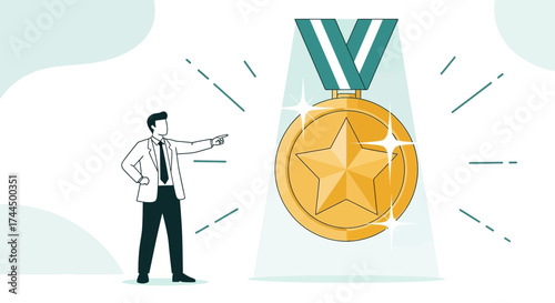 Businessman points at gold medal achieving success and winning the achievement vector