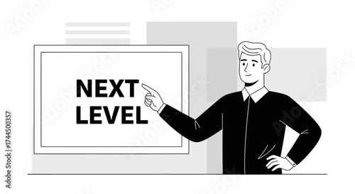 Businessman Points Towards Next Level Achievement Presentation Displaying Success Goal