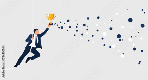 Businessman reaching for the trophy, achievement concept represented by illustration