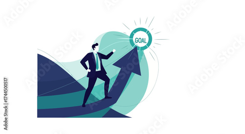 Businessman Reaching Goal, Success, and Achieving Aspirational Corporate Targets