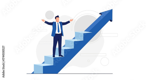 Businessman Reaching Success Ascending a Staircase with an Arrow and Achieving Goals
