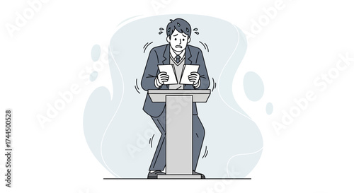 Businessman Experiencing Stage Fright While Reading a Speech from a Podium