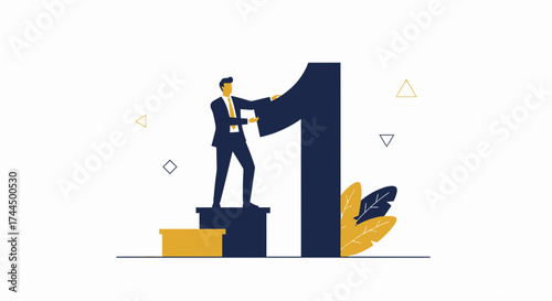 Businessman reaching the number one in concept illustration of success or achievement