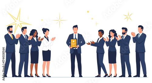 Businessman receiving award and applause from colleagues symbolizing appreciation and success