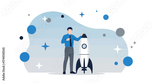 Businessman Ready For Launching Rocket into Space with Abstract Blue Design Elements