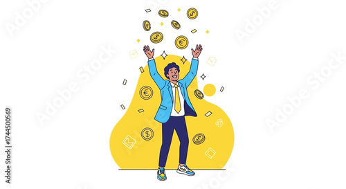 Businessman Rejoicing In Financial Abundance With Euro And Dollar Symbols Appearing Randomly