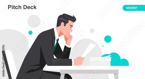 Businessman reviewing document for pitch deck in a minimalist and modern flat vector style