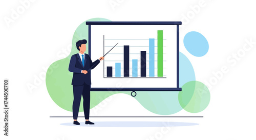 Businessman giving a presentation on a projected graph and analyzing data