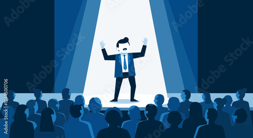 Businessman giving a presentation on a stage to an audience in cartoon illustration form
