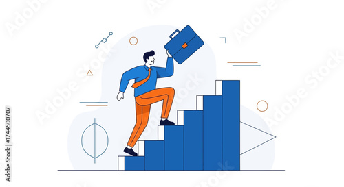 Businessman Scaling Stairs, Achieving Ambition in a Modern, Minimalist, Vector Illustration Style