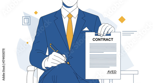 Businessman Seated Signing Contract Document with Pen and Formally Dressed to Close Deal