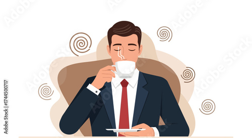 Businessman Sipping Hot Beverage for Relaxation, Enjoying Morning Coffee Break in Office