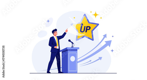 Businessman Giving Presentation About Growth And Successful Strategy With Upward Arrows