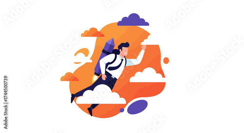 Businessman Soaring Through The Sky Towards Success Using A Rocket, Illustrative Concept