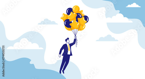 Businessman Soars Skyward With Balloons Symbolizing Ambition And Rising Successes