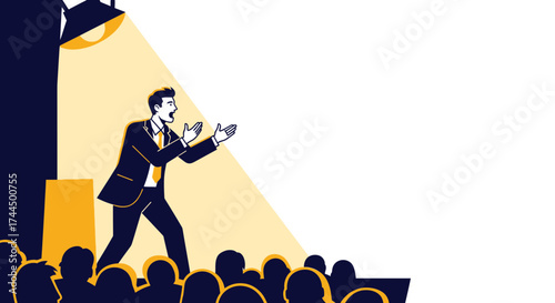 Businessman Giving Presentation on Bright Stage Focused On Audience and Dramatic Lighting