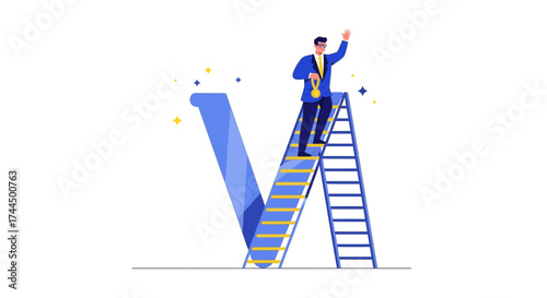 Businessman Standing Atop Ladder Symbolizing Success, Achievement and Reaching Higher Goals