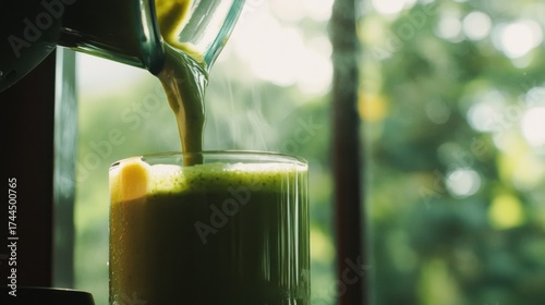 Pouring green smoothie from blender into glass for healthy breakfast