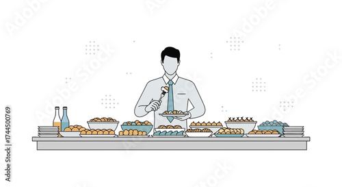 Businessman Grabs Snack At Buffet, Showing Modern Minimalist Approach To Food Choices