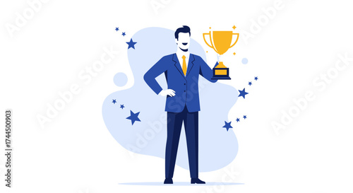 Businessman Holding Trophy Shows Success, Victory And Achievement In Competition