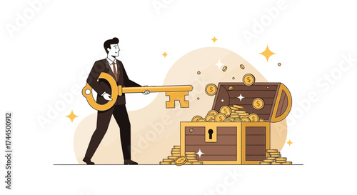Businessman holding key to unlock treasure chest full of gold coins, financial success