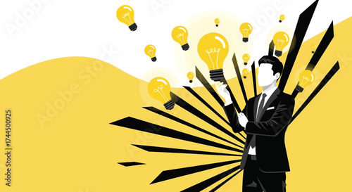 Businessman surrounded by light bulbs represents innovation and creative ideas