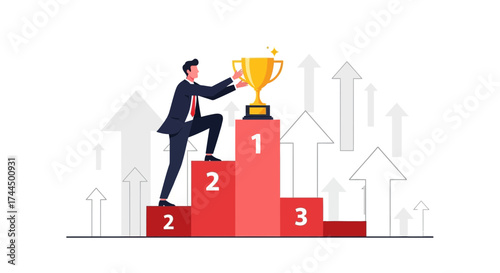 Businessperson Reaching The Golden Trophy On The First Place, Achievement Concept Illustration