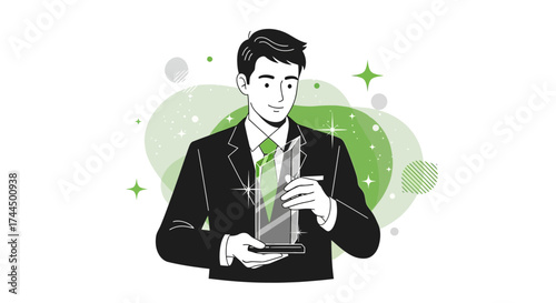 Businessman Holding Trophy, Illustration of Success and Achievement in Business