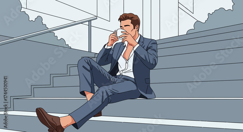 Businessman taking a break on the stairs while enjoying a coffee for relaxation