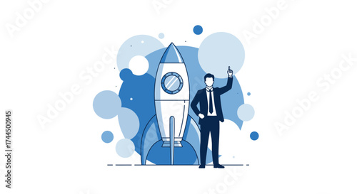 Businessperson with rocket ship pointing up representing start-up or innovative concept