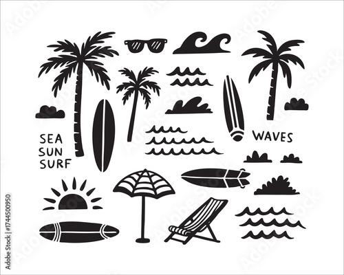 Sunny Beach Escape: Palm Trees, Surfboards, Waves, and Tropical Sun Icons for Summer Designs