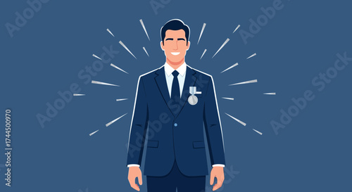 Businessman In A Suit Showing Off His Medal Of Honor, Happy And Proud, Conceptual