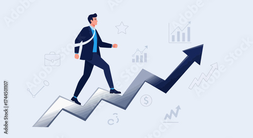 Businessman walks up the growth graph representing business success and upward trend