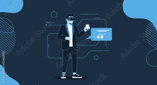 Businessman wearing VR headset showing business data and mobile phone illustration
