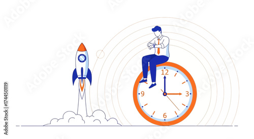 Businessman Watching Time, Startup Rocket Launching, Time Management And Business Growth Concept