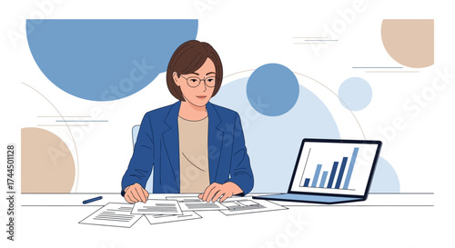 Businesswoman Analyzing Data on Laptop, Illustration of Work and Financial Analysis