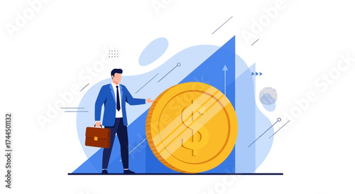 Businessman with a briefcase and a coin representing business growth and investment