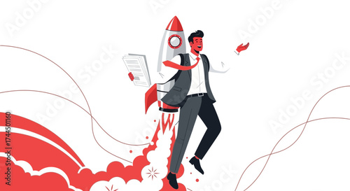 Businessman with a rocket launch concept, starting a business, marketing, and progress
