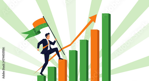 Businessman with flag climbing a bar chart symbolizing business and financial growth
