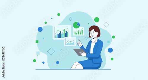Businesswoman Analyzing Financial Data And Trends Using Advanced Digital Technology Charts